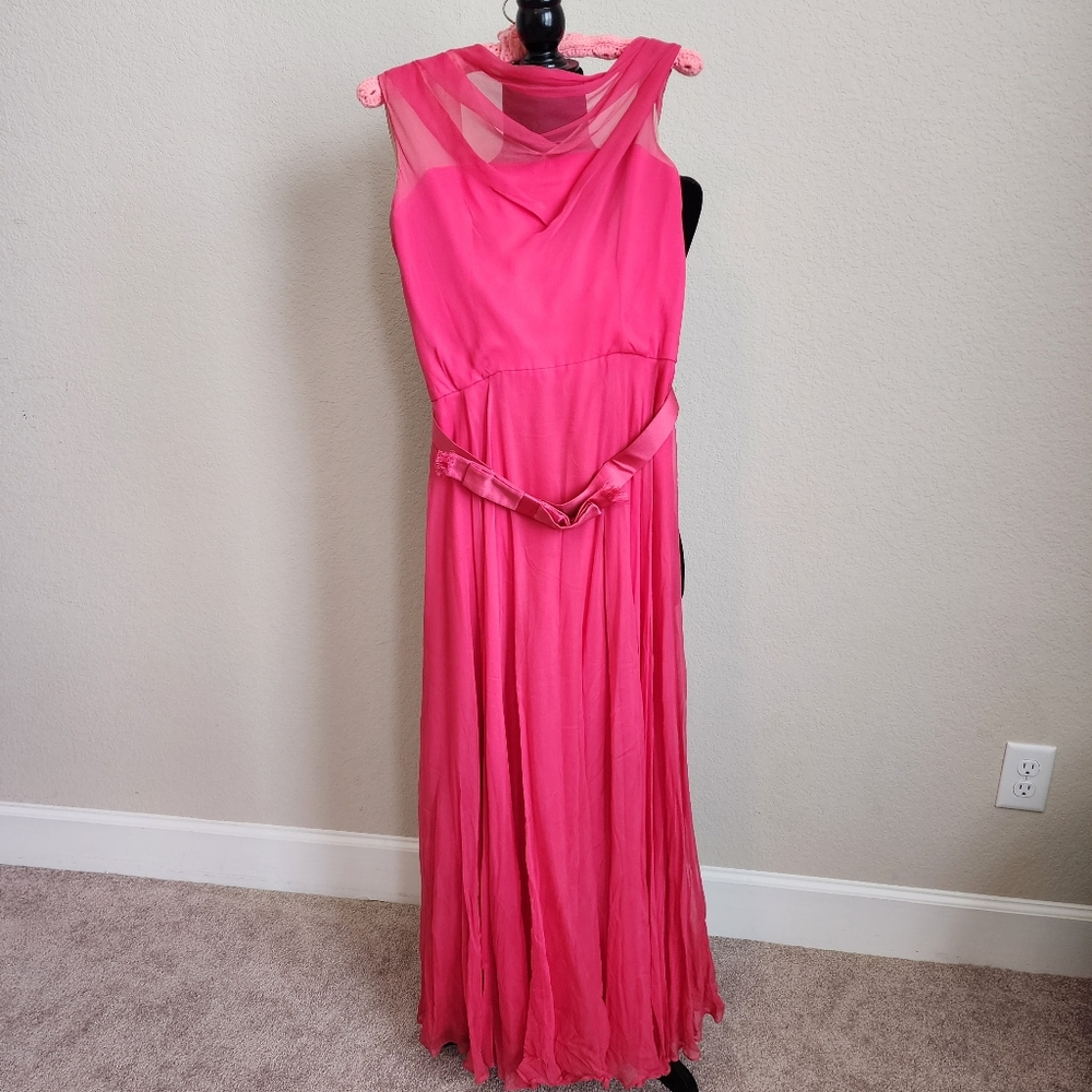 Vintage 1950s-60s Lee Claire New York Pink Chiffon Long Dress With Belt Sz Small